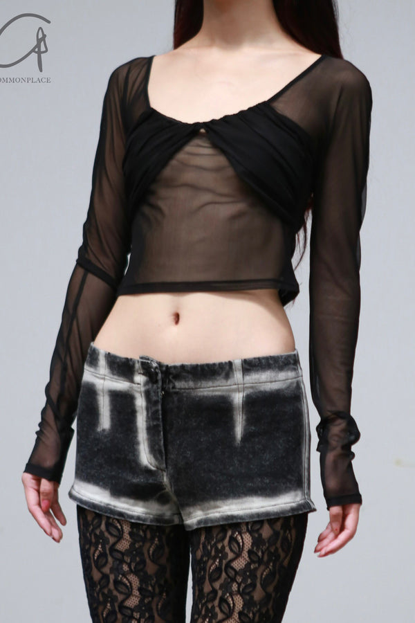 PengTai 24 Autumn and Winter Pleated Mesh Long Sleeve Top PT-PTW24A04-1